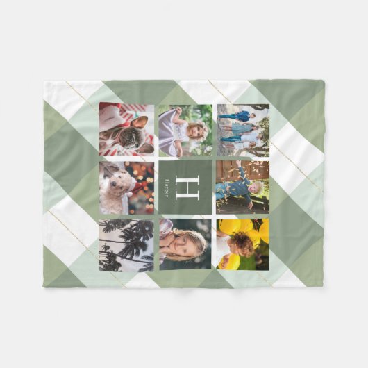 8 Photo Collage Monogram Sage Green Gingham Plaid Fleece Deken (Voorkant (Horizontaal))