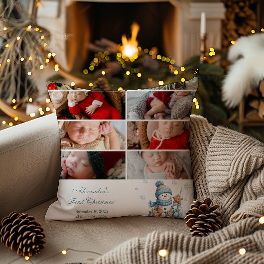 8 Photo First Christmas Birth Announcement Kussen
