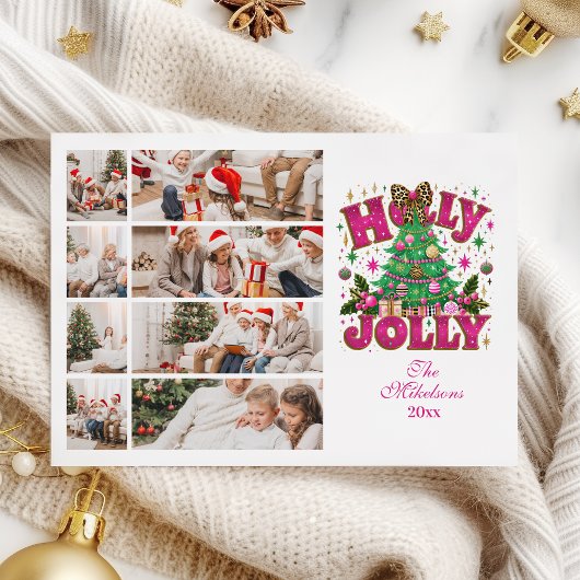 8 Photo Glitter Leopard Bow Holly Jolly Feestdagenkaart