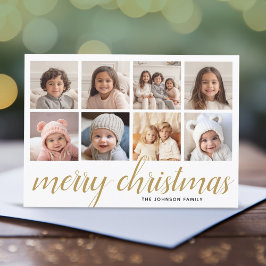 8 Photo Merry Kerstscript Gold Damask Feestdagenkaart