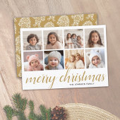 8 Photo Merry Kerstscript Gold Damask Feestdagenkaart
