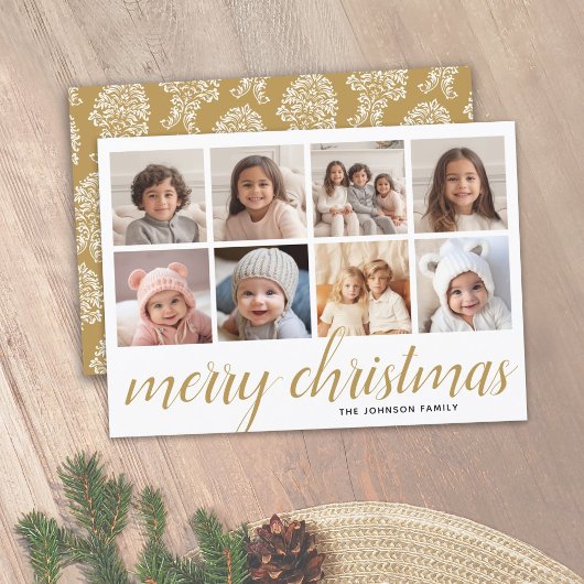 8 Photo Merry Kerstscript Gold Damask Feestdagenkaart