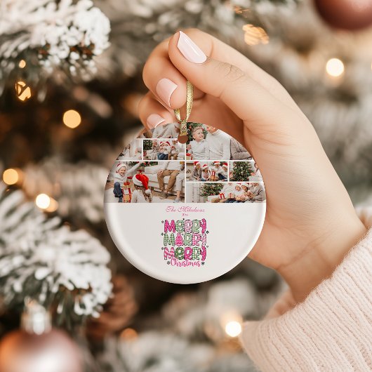 8 Photo Pink Green Merry Christmas Holiday Keramisch Ornament