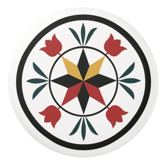 8-Pt Star Tulpen Pennsylvania Nederlandse Hex Sign Keramische Knop (Voorkant)