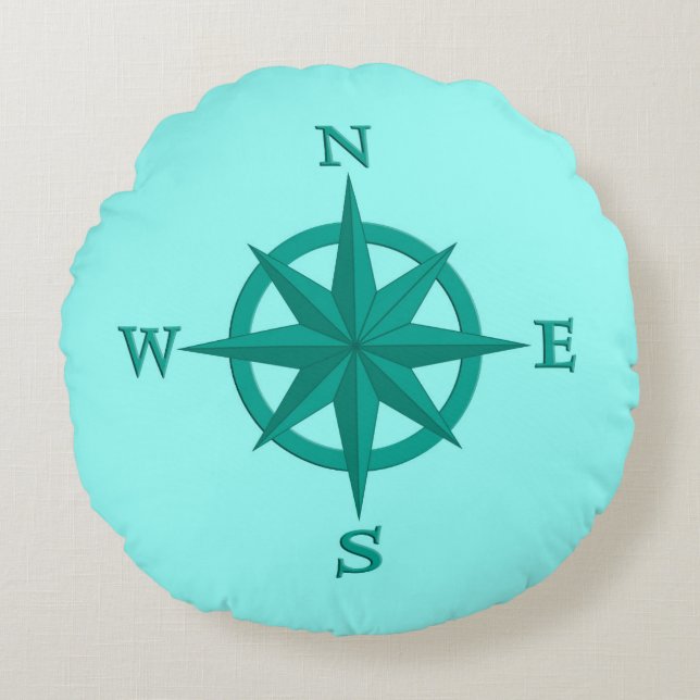 8-punts Compass-Roos, Turquoise en Aqua Rond Kussen (Voorkant)