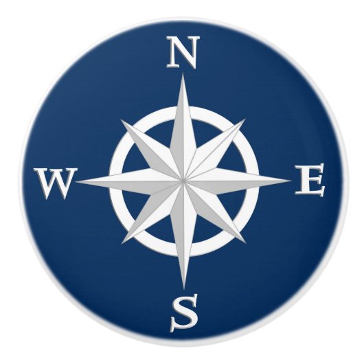 8-punts Compass Roos, White en Navy Blue Keramische Knop (Voorkant)
