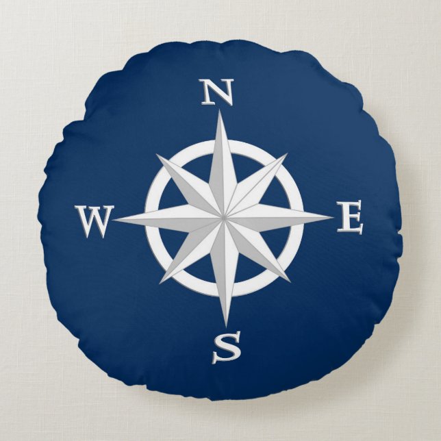 8-punts Compass Roos, White en Navy Blue Rond Kussen (Voorkant)