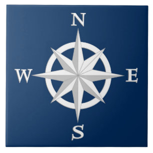 8-punts Compass Roos, White en Navy Blue Tegeltje