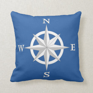 8-punts Compass-Roos, wit en kobalt blauw Kussen
