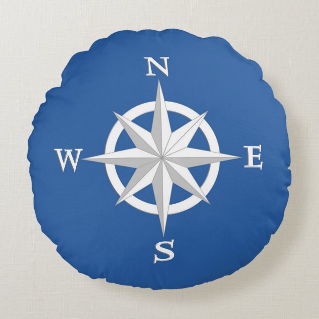 8-punts Compass-Roos, wit en kobalt blauw Rond Kussen (Voorkant)