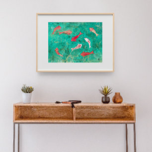 8 Rood en Goud Koi Vis Waterverf Poster