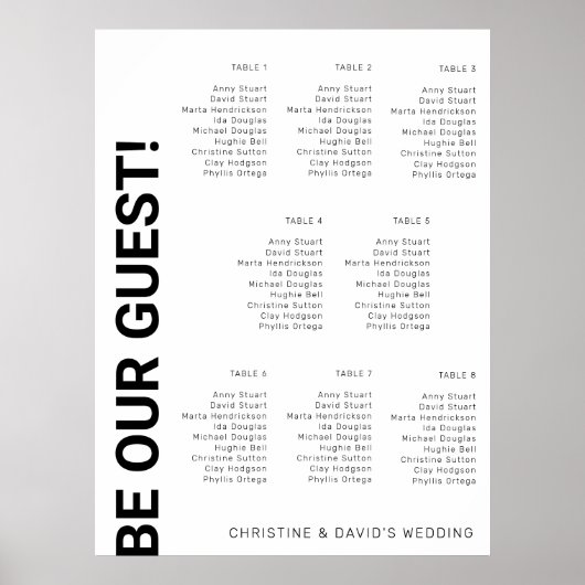 8 tabel Simple White Wedding Seating Chart Poster (Voorkant)