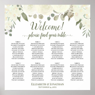8 Tabel White Roses Boho Wedding Seating Chart Poster