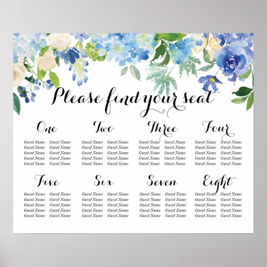 8 Tabel Zitkool - Blauwe Florals en Hydrangea Poster (Voorkant)