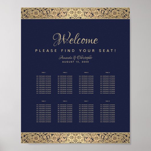 8 Tables Navy Blue Wedding Seding Chart Gold Roos Poster (Voorkant)