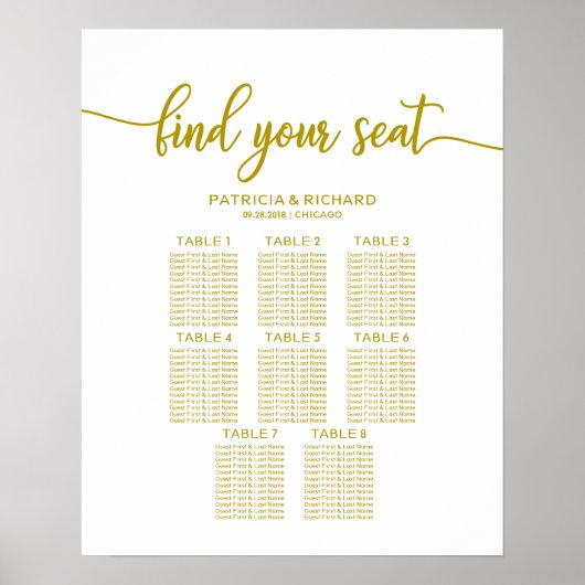 8 Tables Wedding Seding Chart Gold Calligrafie Poster (Voorkant)