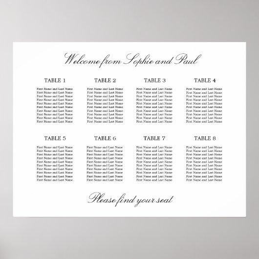 8 Tafel Elegante Minimalistische Zitplaatsindeling Poster (Voorkant)