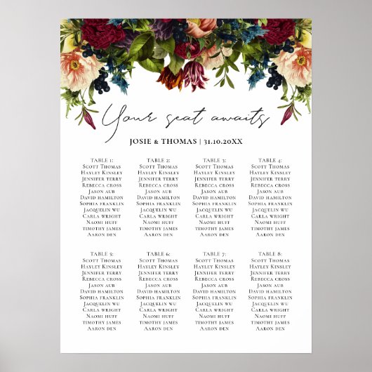 8 tafel Moody Floral Bourgondië bruiloft zitschema Poster (Voorkant)