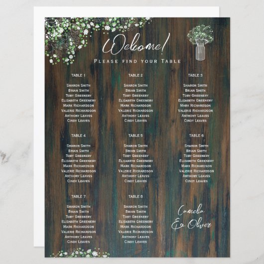 8 Tafel Rustiek Hout Gypsophila Zitplaatskaart (Voorkant / Achterkant)