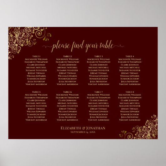 8 Tafelbruiloft Grafiek Gold Frills Auburn Poster (Voorkant)