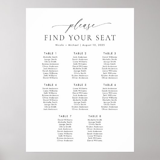 8 Tafels Vind uw Zitplaatskaart Poster (Voorkant)