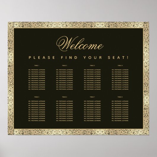 8 Tafelzwarte gouden elegante  Zitkaart Poster (Voorkant)