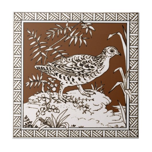 #8 van 12 Repro 1880s Minton Mocha Bird Series Tegeltje (Voorkant)