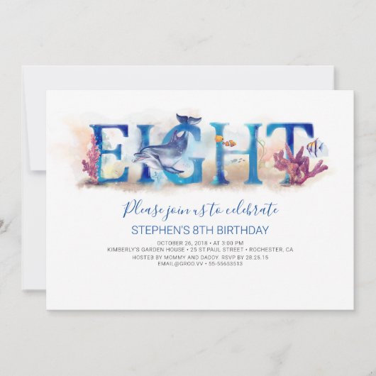 8 Verjaardagsuitnodiging onder het Zee Marine Worl Kaart (Voorkant)