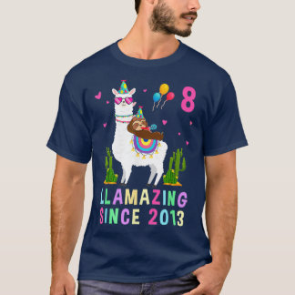 8 Years Old 8th Birthday Sloth Riding Llama Girls  T-shirt