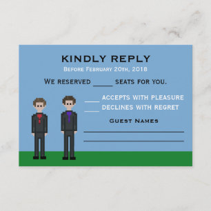 8bit Pixel Gamer Groom & Groom Wedding RSVP Kaartje