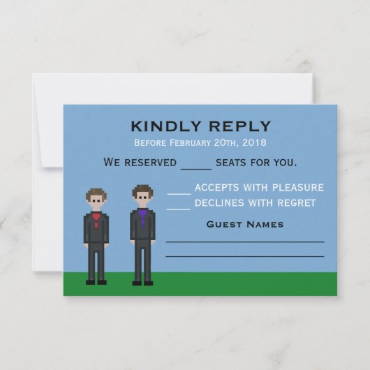 8bit Pixel Gamer Groom & Groom Wedding RSVP Kaartje (Voorkant)