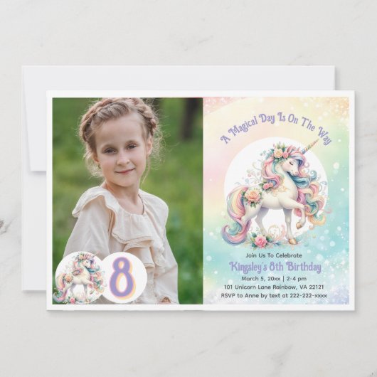 8e Achtste Eenhoorn Feestje Pastel Regenboog Feest Kaart (Voorkant)