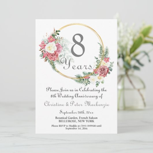 8e Bronzen Trouwen Jubileum Rozen Goud Lijst Kaart (Staand voorkant)