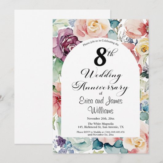 8e bruiloft Jubileum Elegant Script Floral Kaart (Voorkant / Achterkant)