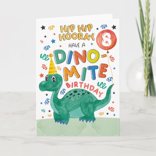 8e Dinosaurus Verjaardag Kaart | afdrukbare dinosa (Voorkant)