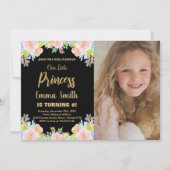 8e Floral Glitter Princess Birthday met foto Kaart (Voorkant)