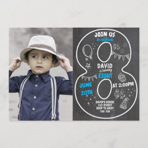 8e geboortecyalkbord met foto-nummer blauw kaart