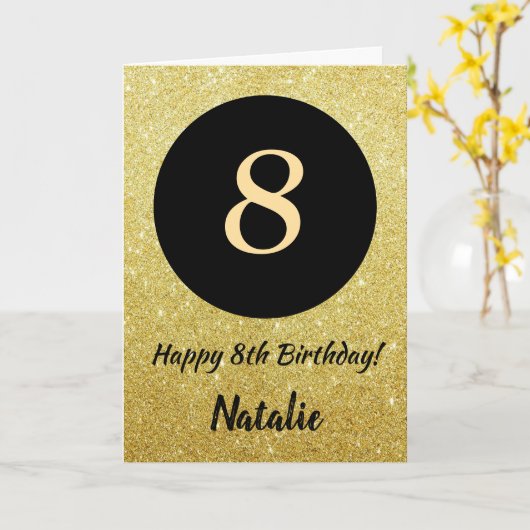 8e Gelukkige Verjaardag Zwart en Goud Glitter Kaar Kaart (Gele Bloem)