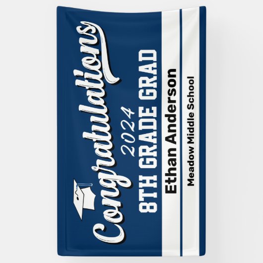 8e graad Afstuderen donkerblauw en witte banner (Verticaal)