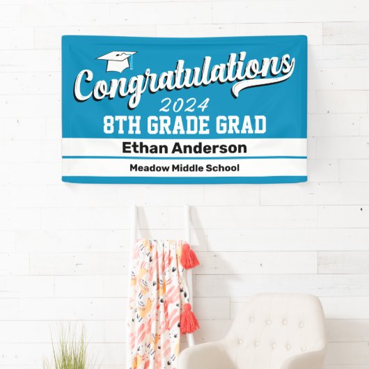 8e graad Afstuderen Licht Blauw en Wit Spandoek (Insitu)