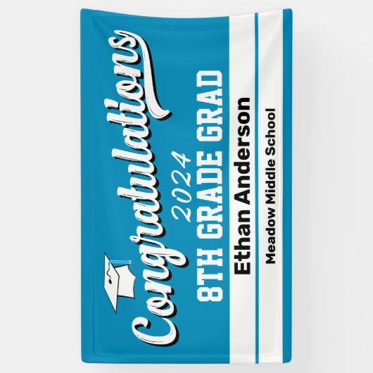 8e graad Afstuderen Licht Blauw en Wit Spandoek (Verticaal)