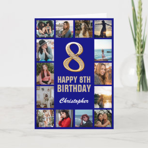 8e Happy Birthday Navy Blue & Gold Photo Collage Kaart