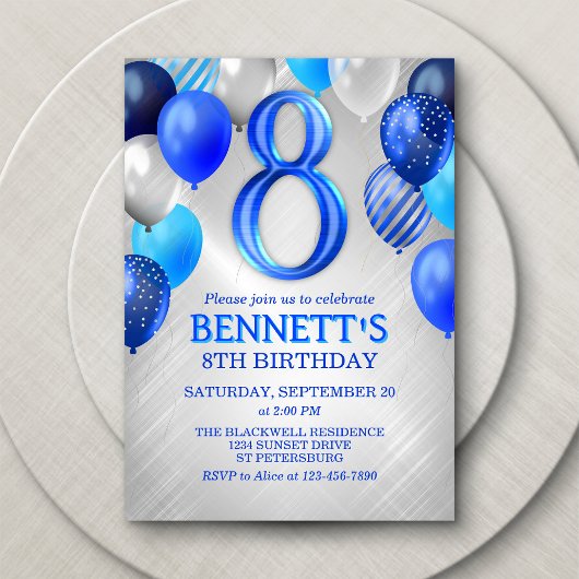 8e Jongens Blauwe Verjaardag Uitnodiging