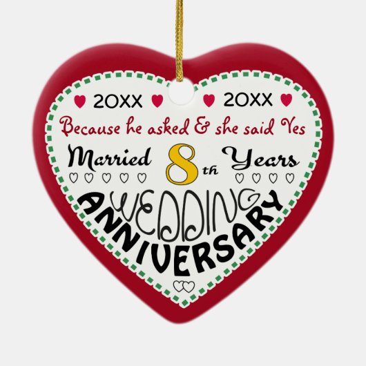 8e Jubileum Cadeau Hart Gevormd Kerst Keramisch Ornament (Achterkant)