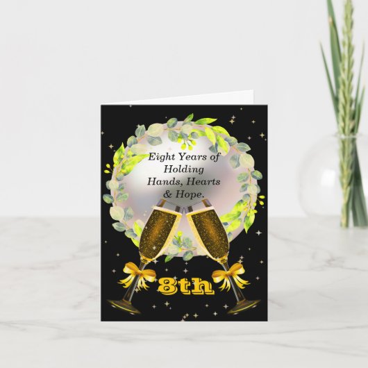 8e Jubileum Kaart-parel, wijnglazen en krans Kaart (Voorkant)