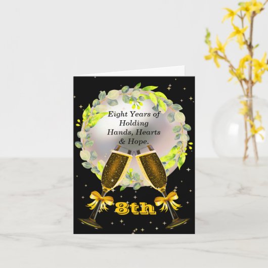 8e Jubileum Kaart-parel, wijnglazen en krans Kaart (Gele Bloem)