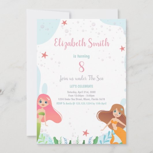 8e Mermaid Verjaardag Uitnodiging (Voorkant)