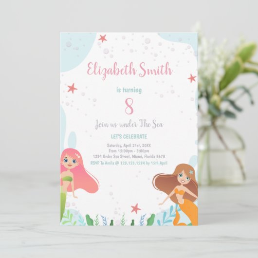 8e Mermaid Verjaardag Uitnodiging (Staand voorkant)