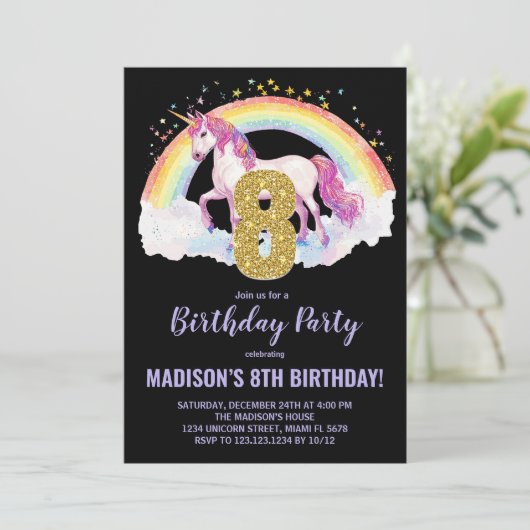 8e Rainbow Unicorn Verjaardag Uitnodigingen (Staand voorkant)