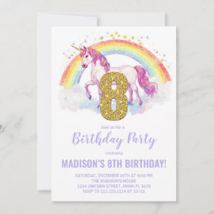 8e Rainbow Unicorn Verjaardag Uitnodigingen